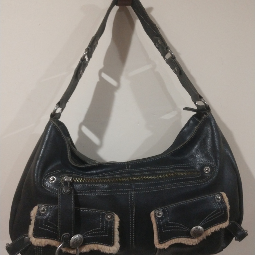 Via Spiga Black Hobo Purse with White Fur Trim